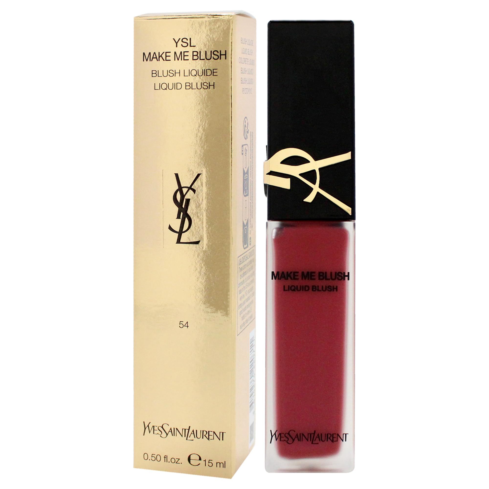 Flüssiges Rouge mit Verpackung. Rechteckige Glasflasche mit schwarzem Deckel und goldfarbenem Logo. Goldfarbene Verpackung.
