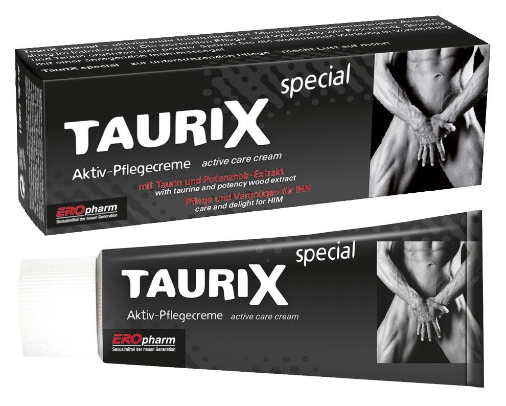 Schwarze Schachtel und Tube. Aufschrift: TAURIX special, Aktiv-Pflegecreme. Logo: EROpharm. Abbildung eines Mannes.