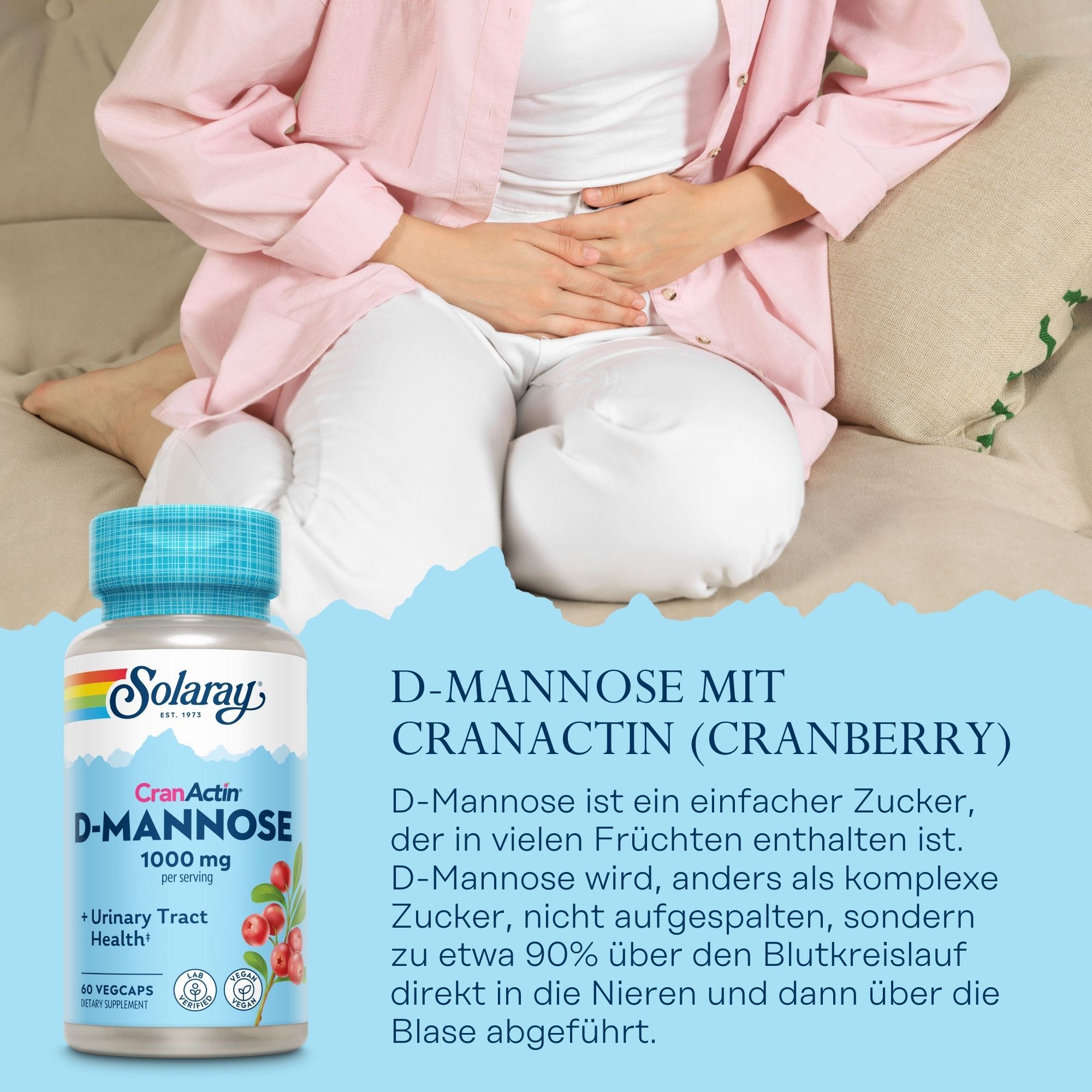Solaray D-Mannose mit CranActin-Kapseln. Blaue Kappe, weißes Etikett mit Produktnamen und Cranberry-Abbildung. Frau hält Bauch.