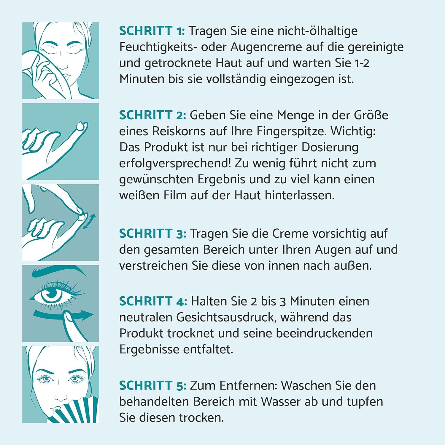 Schritt-für-Schritt-Anleitung. 5 Schritte zur Anwendung des Produkts. Illustrationen zeigen die Anwendungsschritte.