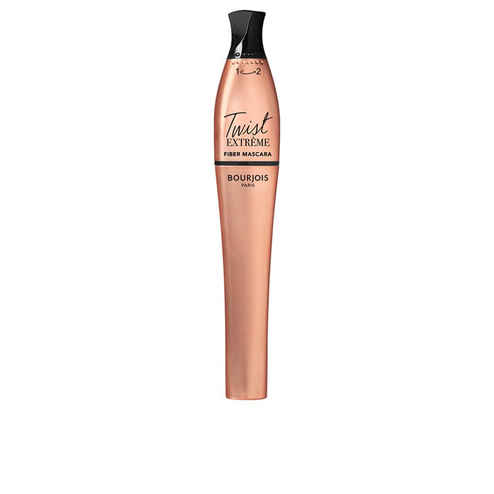 Bourjois Twist Extrême Fiber Mascara. Kupferfarbene Hülse, schwarzer Deckel. Text: Twist Extrême Fiber Mascara, Bourjois Paris.