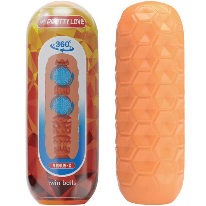 Verpackung mit Produktabbildung und Text Pretty Love, Twin Balls, Venus-X. Daneben ein Masturbator mit texturierter Oberfläche.