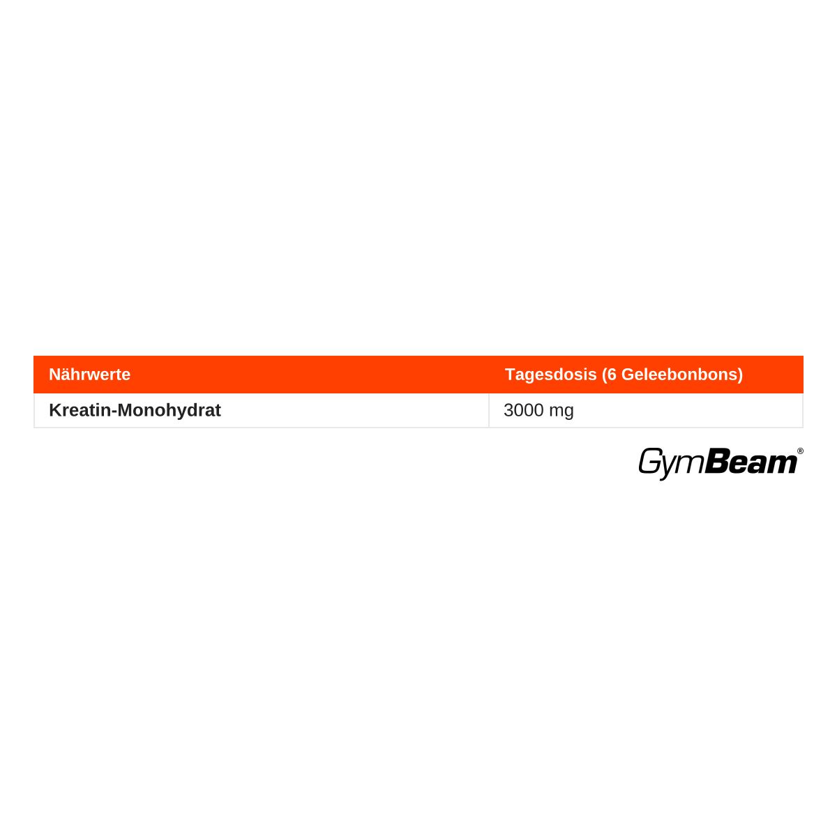 Nährwertangaben für GymBeam Kreatin Monohydrat Yummies: 3000 mg pro Tagesdosis (6 Gummibonbons).