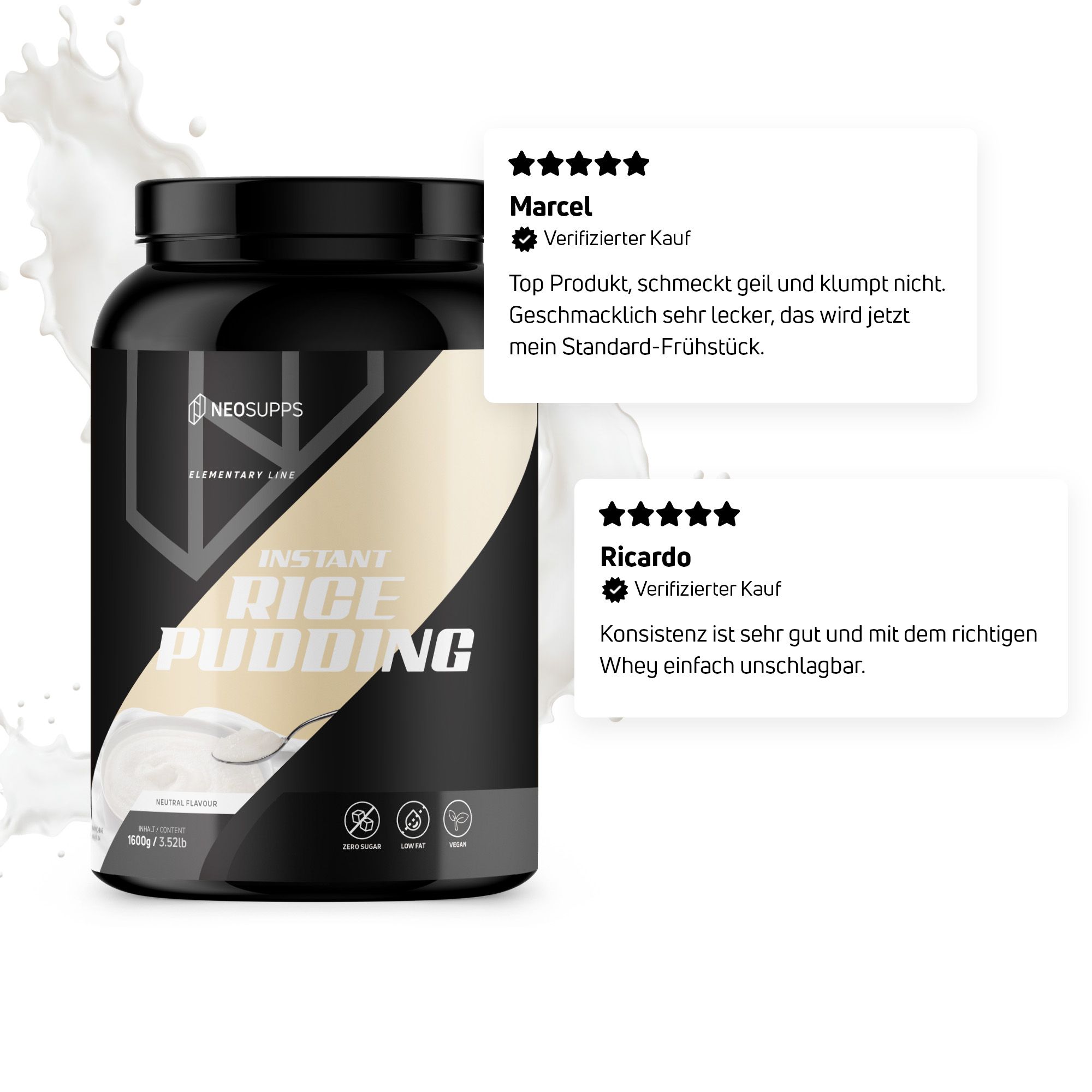 Schwarze Dose mit weißem Aufdruck. Aufschrift: Instant Rice Pudding. Logo: Neosupps. Zwei Kundenbewertungen.