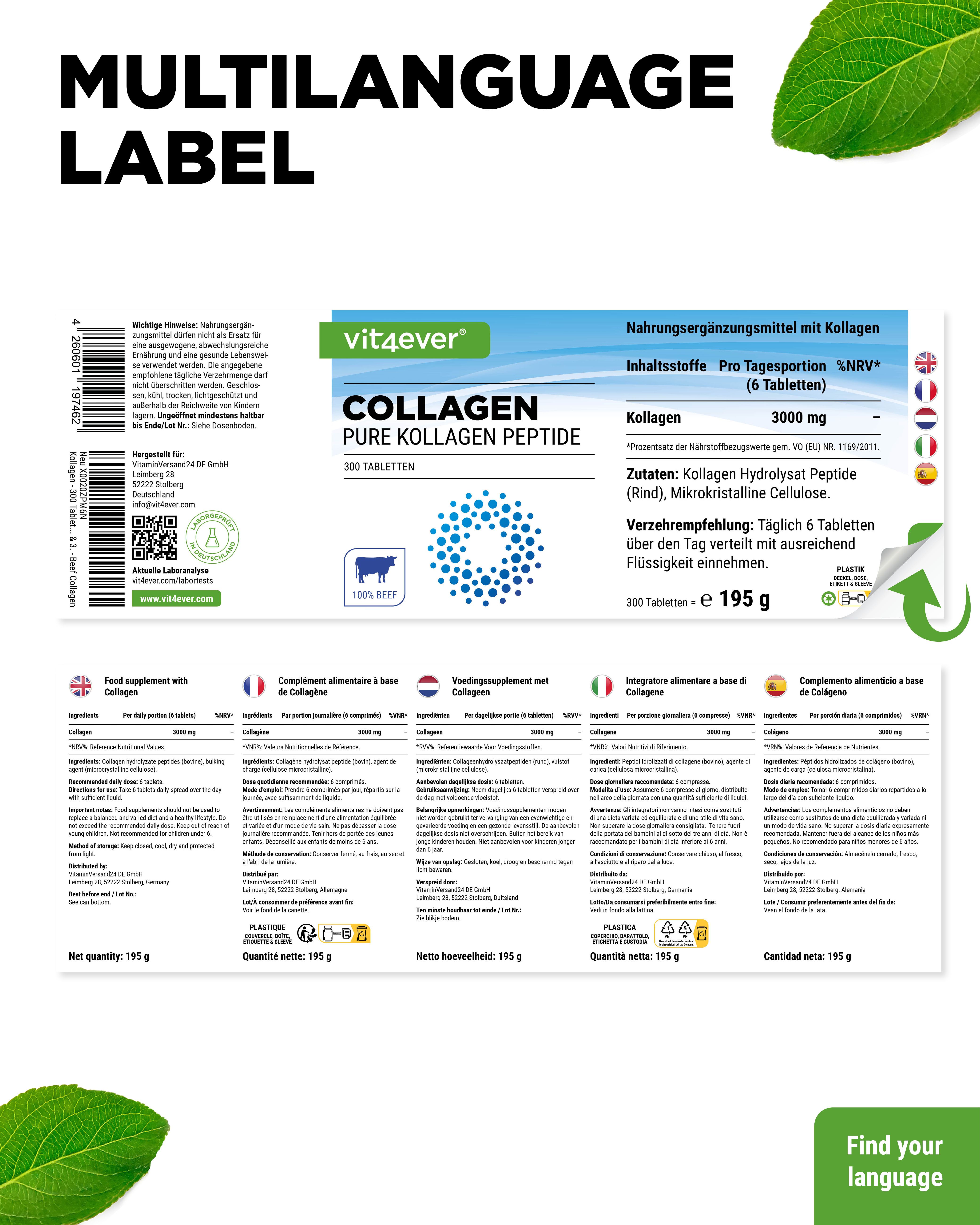 Etikett mit Informationen. Collagen Pure Kollagen Peptide. 300 Tabletten. Logo: vit4ever. Inhaltsstoffe. Mehrsprachig.