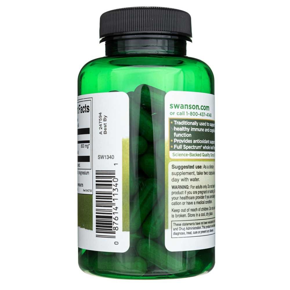 Seite einer Flasche Swanson Rosmarin Kapseln, zeigt grüne Kapseln im Inneren.