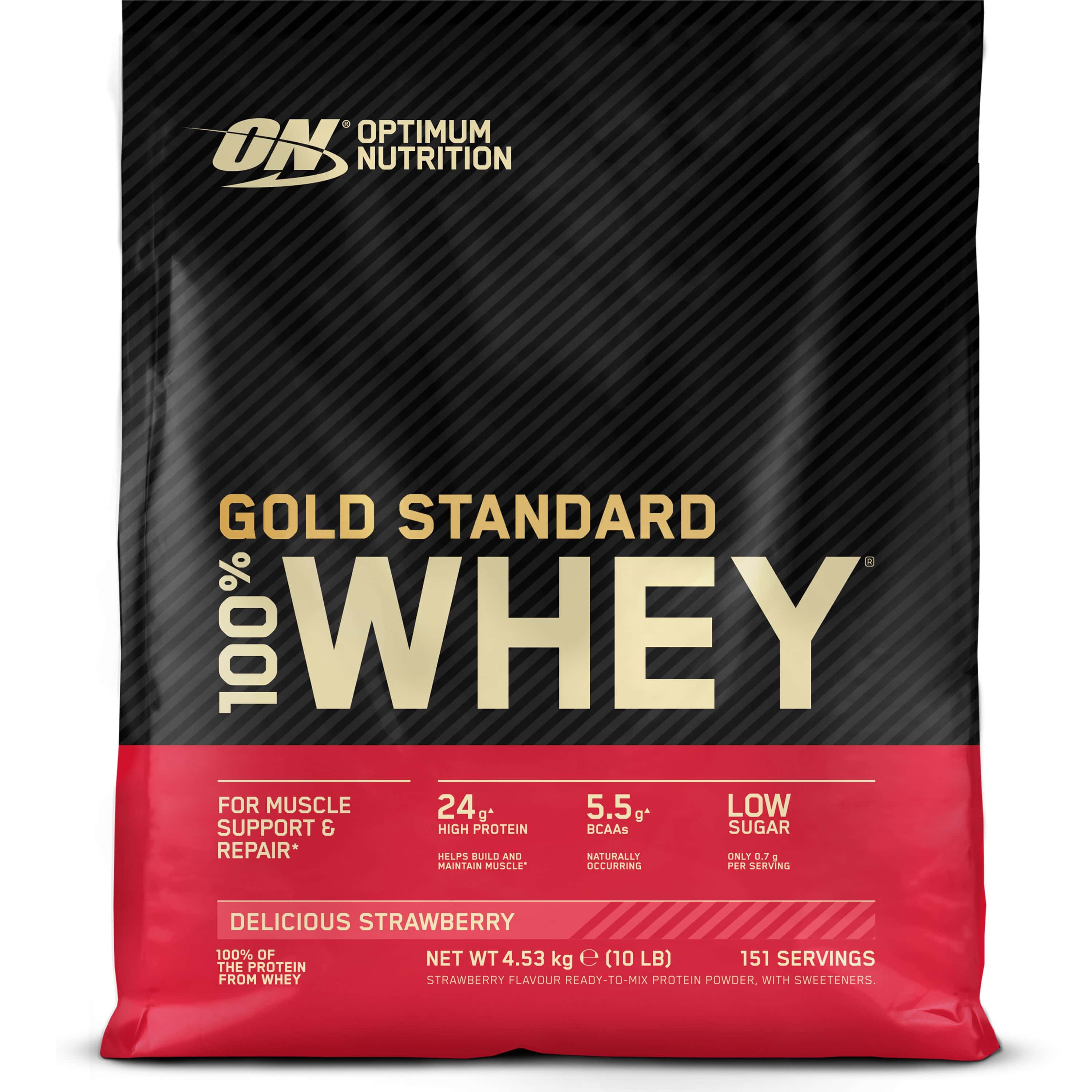 Schwarzer Beutel mit rotem Boden. Gold Standard 100% Whey. 151 Portionen. 24g Protein, 5.5g BCAAs, Low Sugar. Delicious Strawberry.