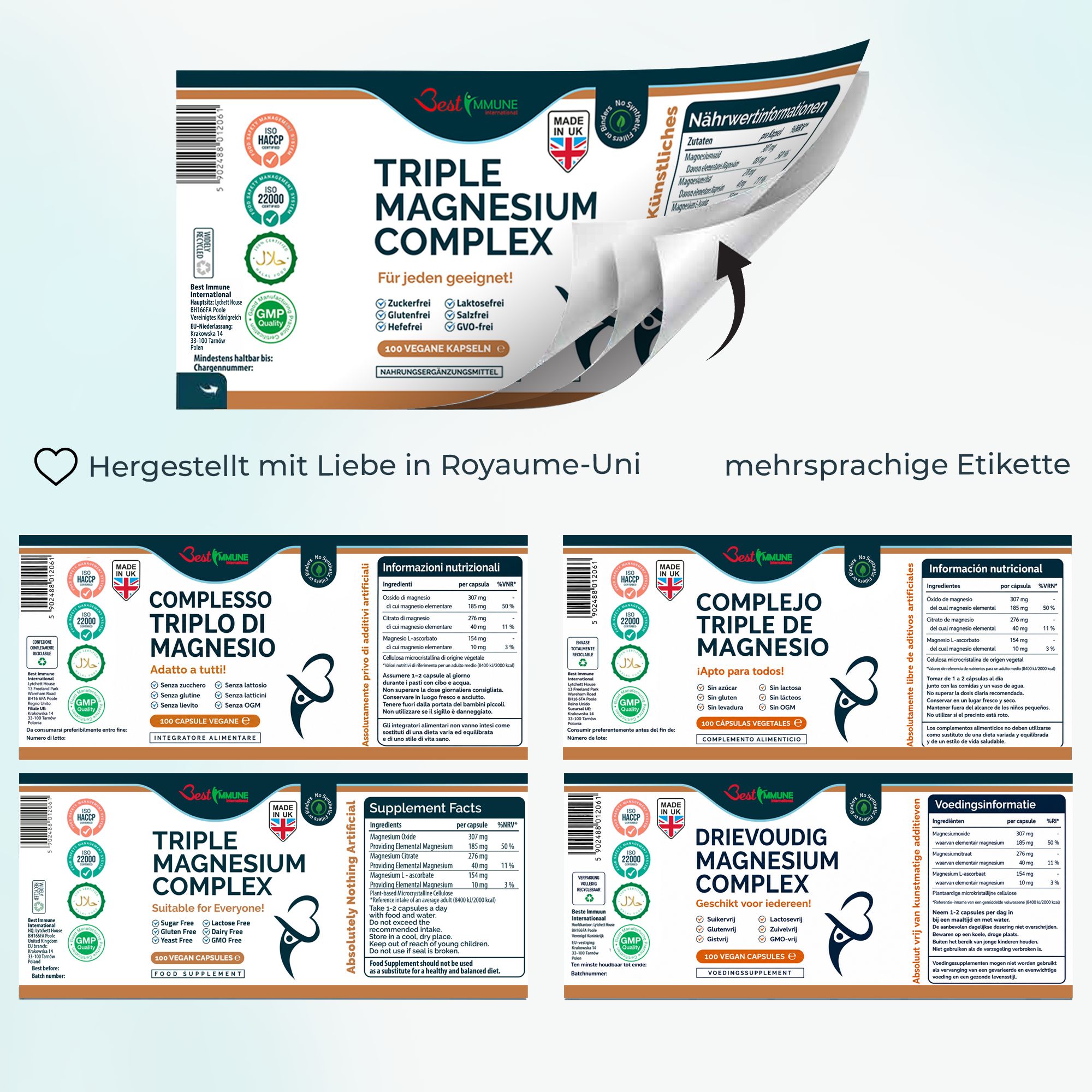 Etikett für 'Triple Magnesium Complex' mit Nährwertangaben und Siegeln.