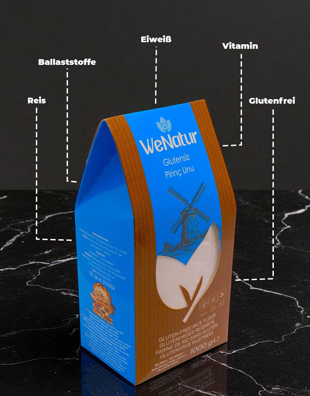 WeNatur glutenfreies Reismehl mit Hervorhebungen für Ballaststoffe, Vitamine und Glutenfrei.