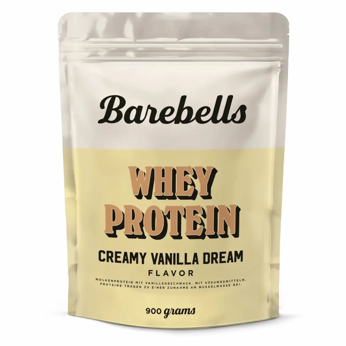 Beutel mit Barebells Whey Protein. Aufschrift: Whey Protein, Creamy Vanilla Dream, Flavor. Unten: 900 Gramm.