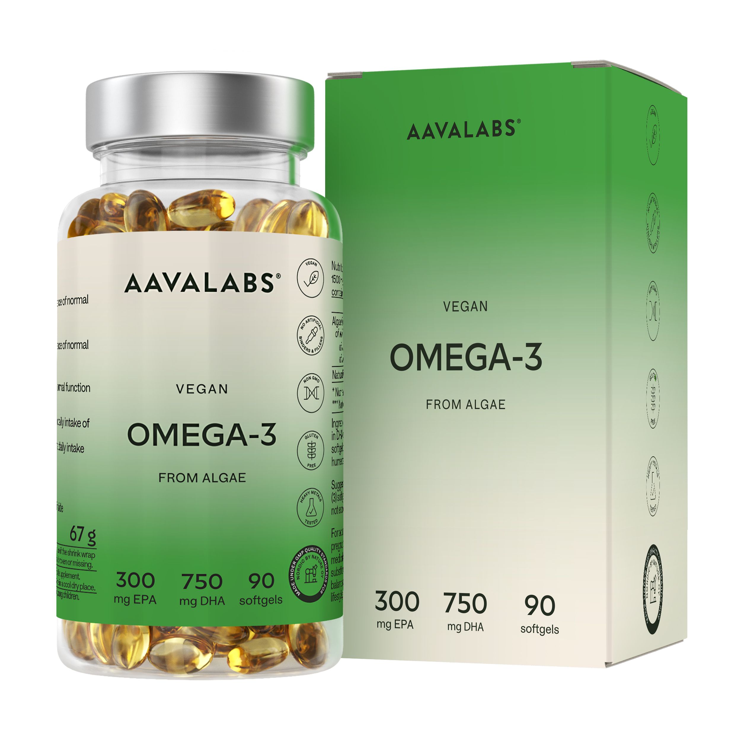 Flasche und Schachtel mit Omega-3-Kapseln. Aufschrift: AAVALABS, Vegan, Omega-3, 300 mg EPA, 750 mg DHA, 90 Softgels.