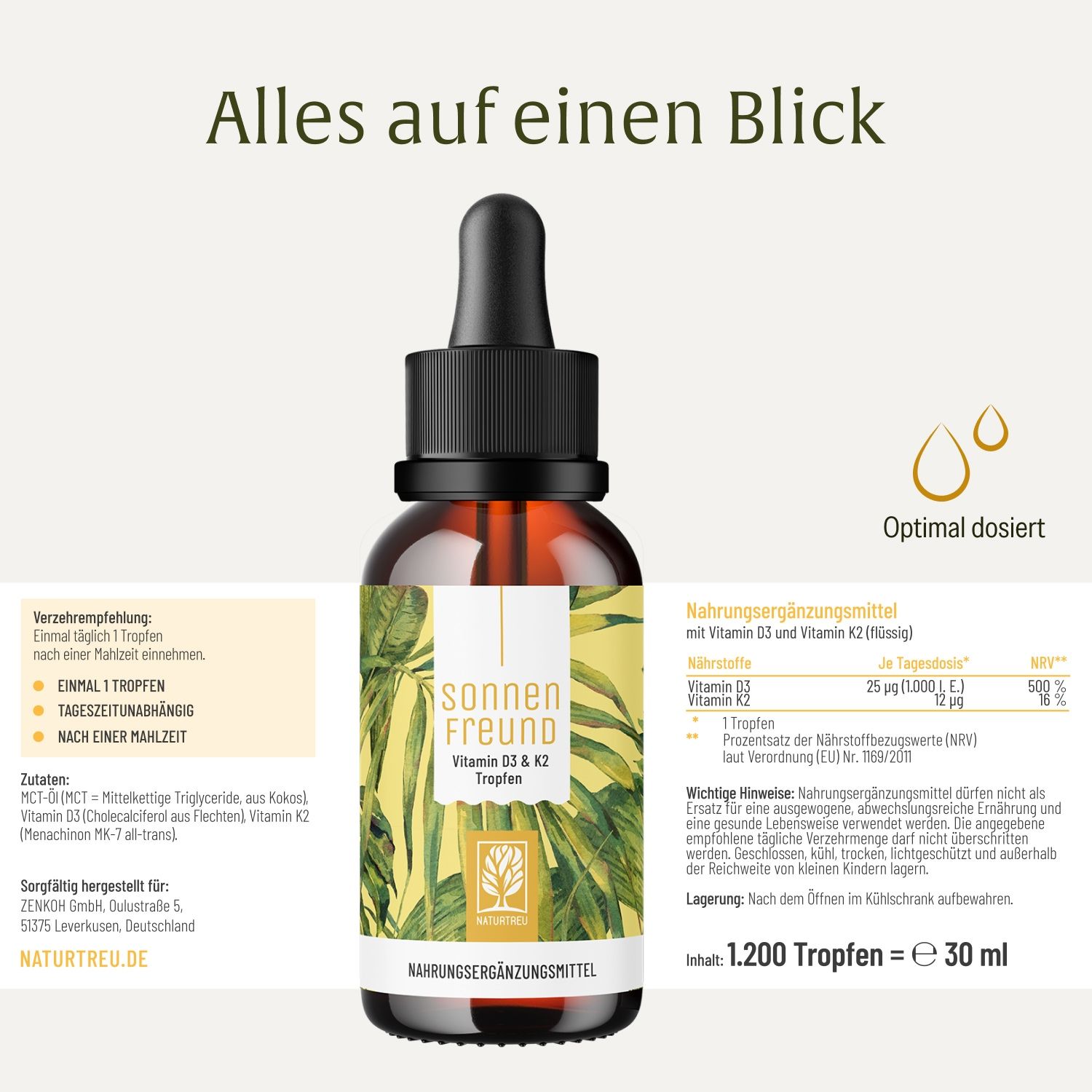 Naturtreu Sonnenfreund Vitamin D3 & K2 Tropfen Flasche mit detaillierter Nährwertangabe.