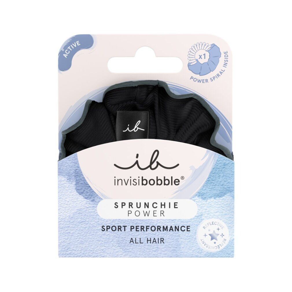Schwarzes Invisibobble Sprunchie Power Haargummi in Verpackung. Text: Sport Performance, All Hair, Power Spiral Inside.