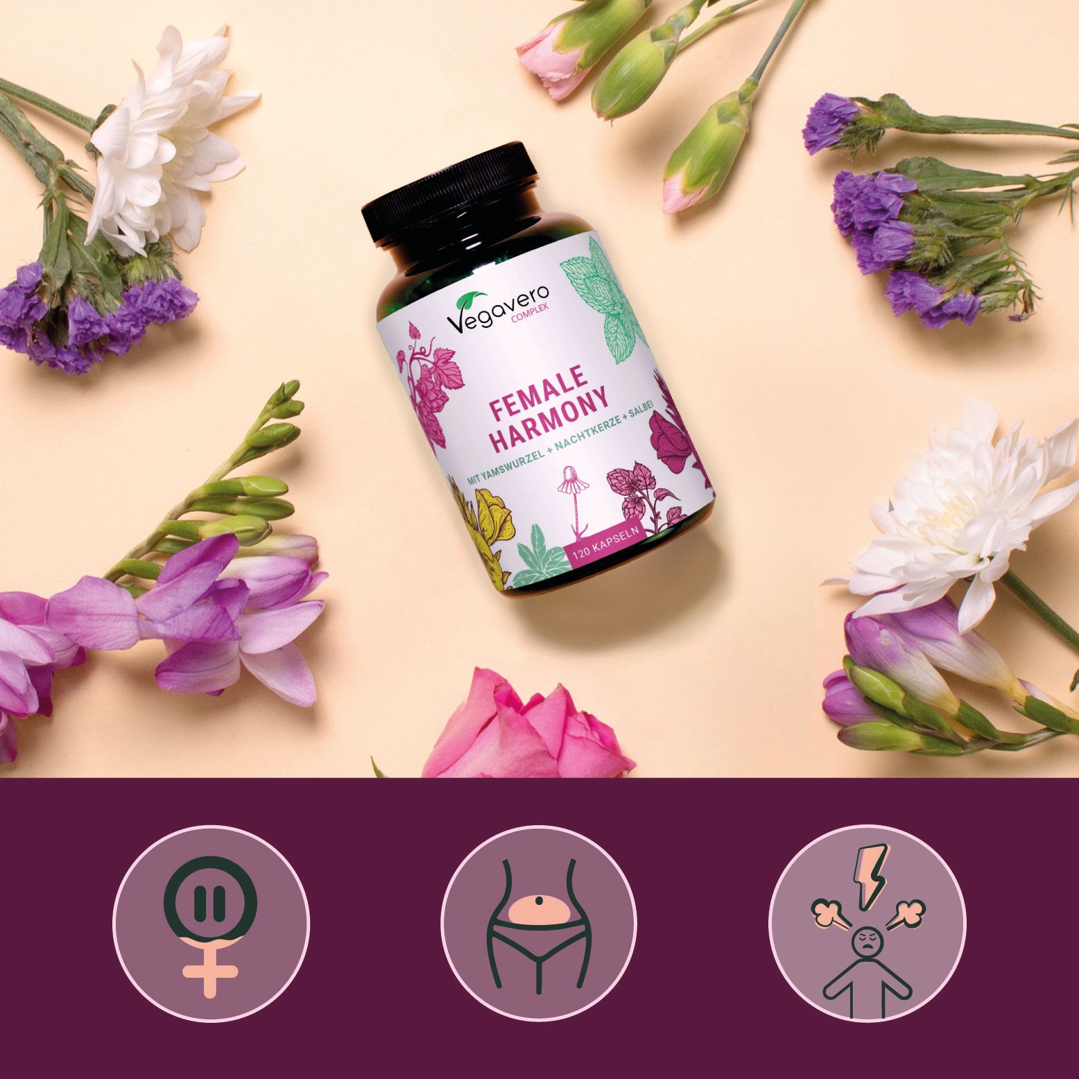 Flasche FEMALE HARMONY, umgeben von Blumen. Vegavaro. Drei Icons: weibliches Symbol, Bauch, wütendes Gesicht.