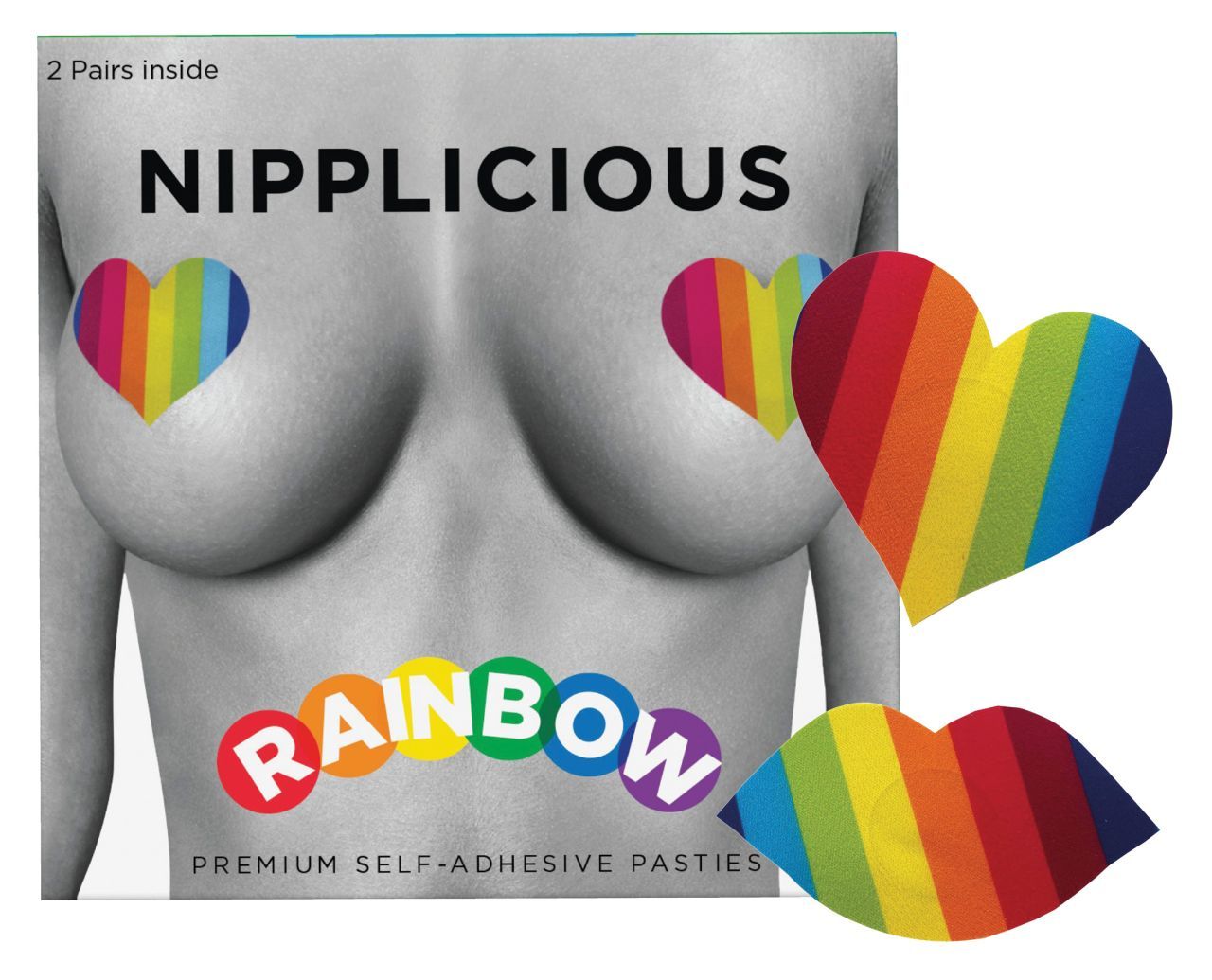Verpackung mit Nippelabdeckungen in Regenbogenfarben. Aufschrift: NIPPLICOUS, RAINBOW, 2 Pairs inside. Herz- und Lippenform.