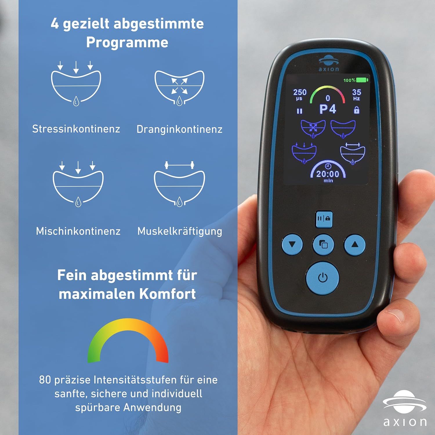 Schwarzes Gerät mit blauem Rahmen, Display und axion® Logo. In Hand gehalten. Text: 4 Programme, 80 Intensitätsstufen. Farbige Anzeige.