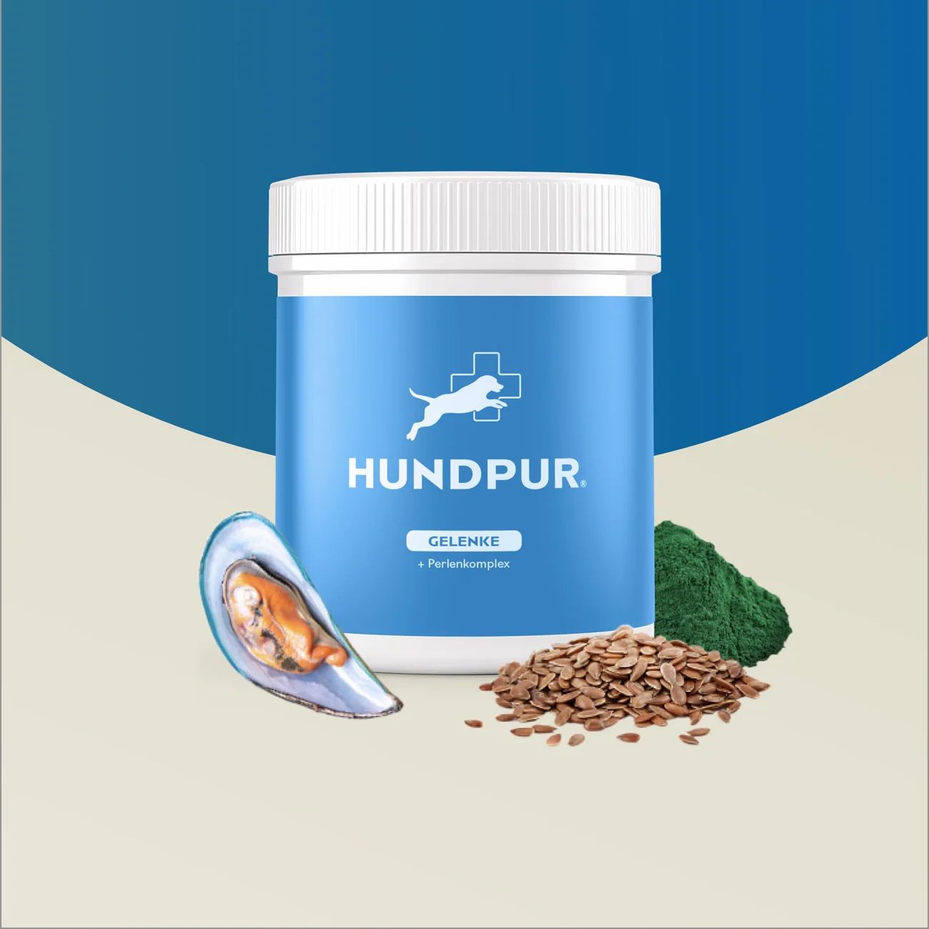 Produkt-Dose mit Logo und Text. Aufschrift: HUNDPUR Gelenke. Muschel, Algen und Samen daneben.