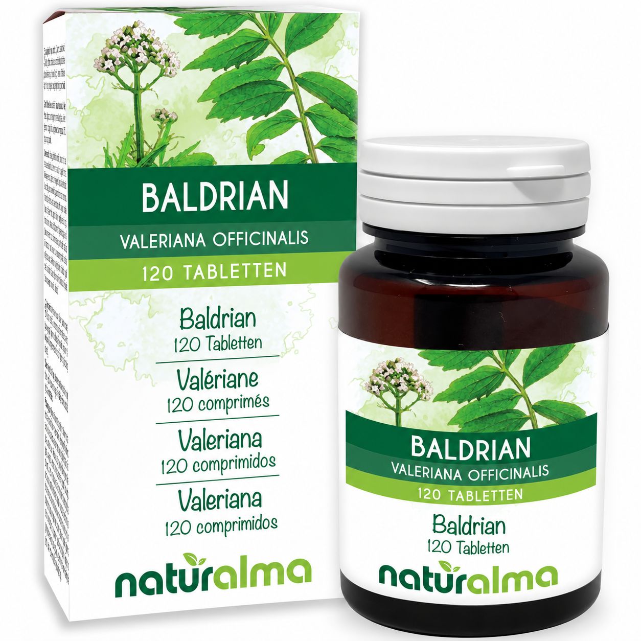 Verpackung und Flasche mit Baldrian-Tabletten (Valeriana officinalis). "120 Tabletten" und "naturalma" sind sichtbar.
