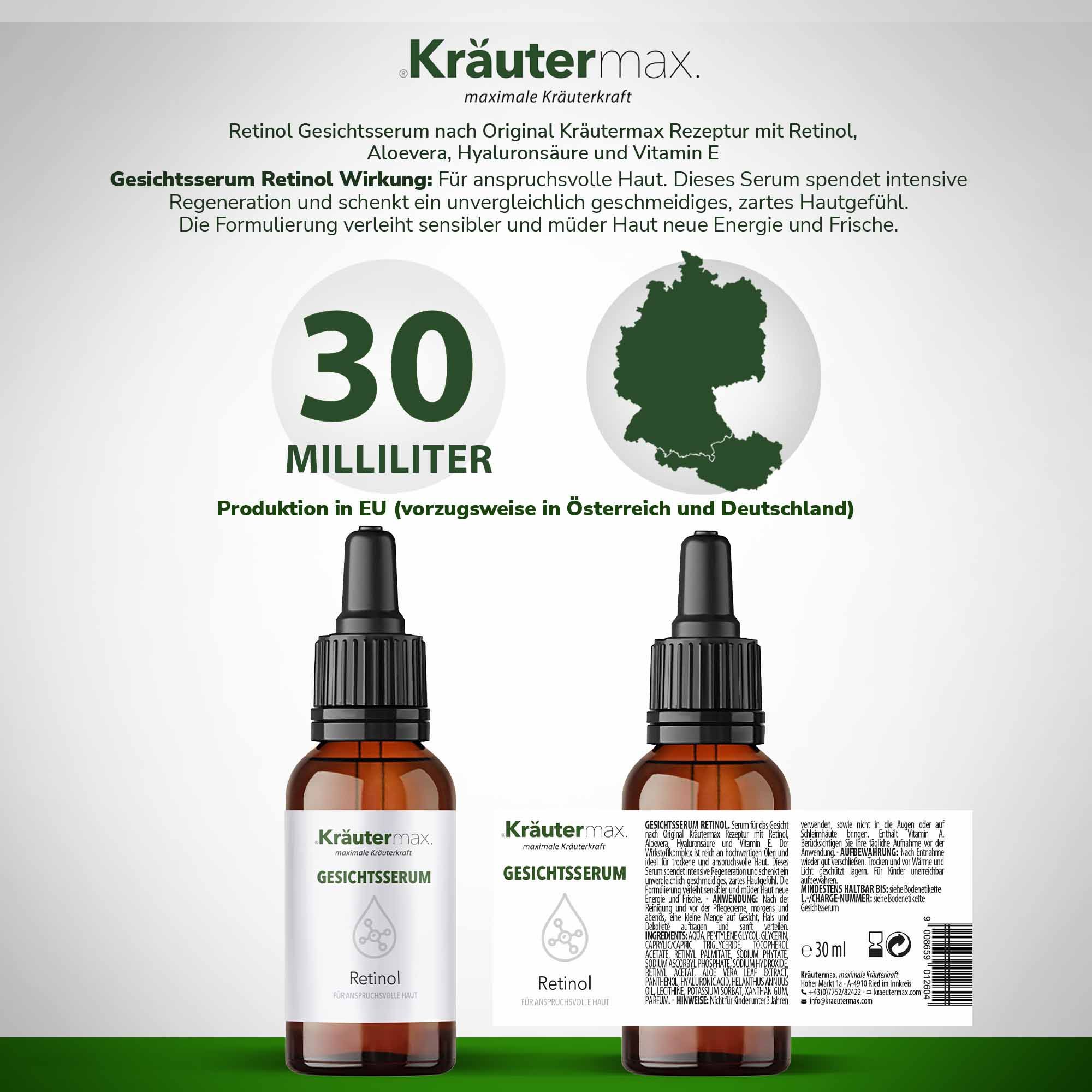 Zwei braune Glasflaschen mit schwarzer Pipette. Aufschrift: Kräutermax Gesichtsserum Retinol. 30 Milliliter. Text: Produktion in EU.