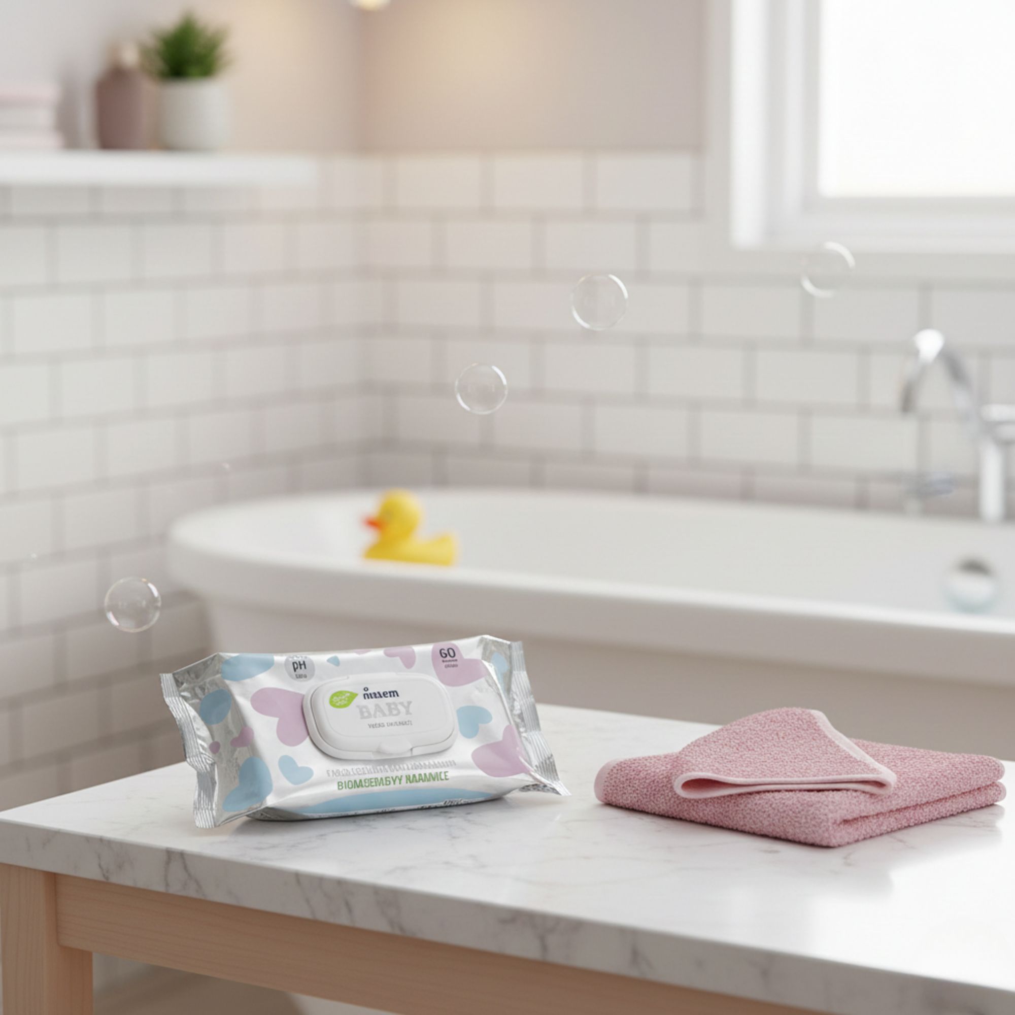 Packung Feuchttücher auf Tisch in Badezimmer. Handtuch daneben. Aufdruck: Melem Baby.