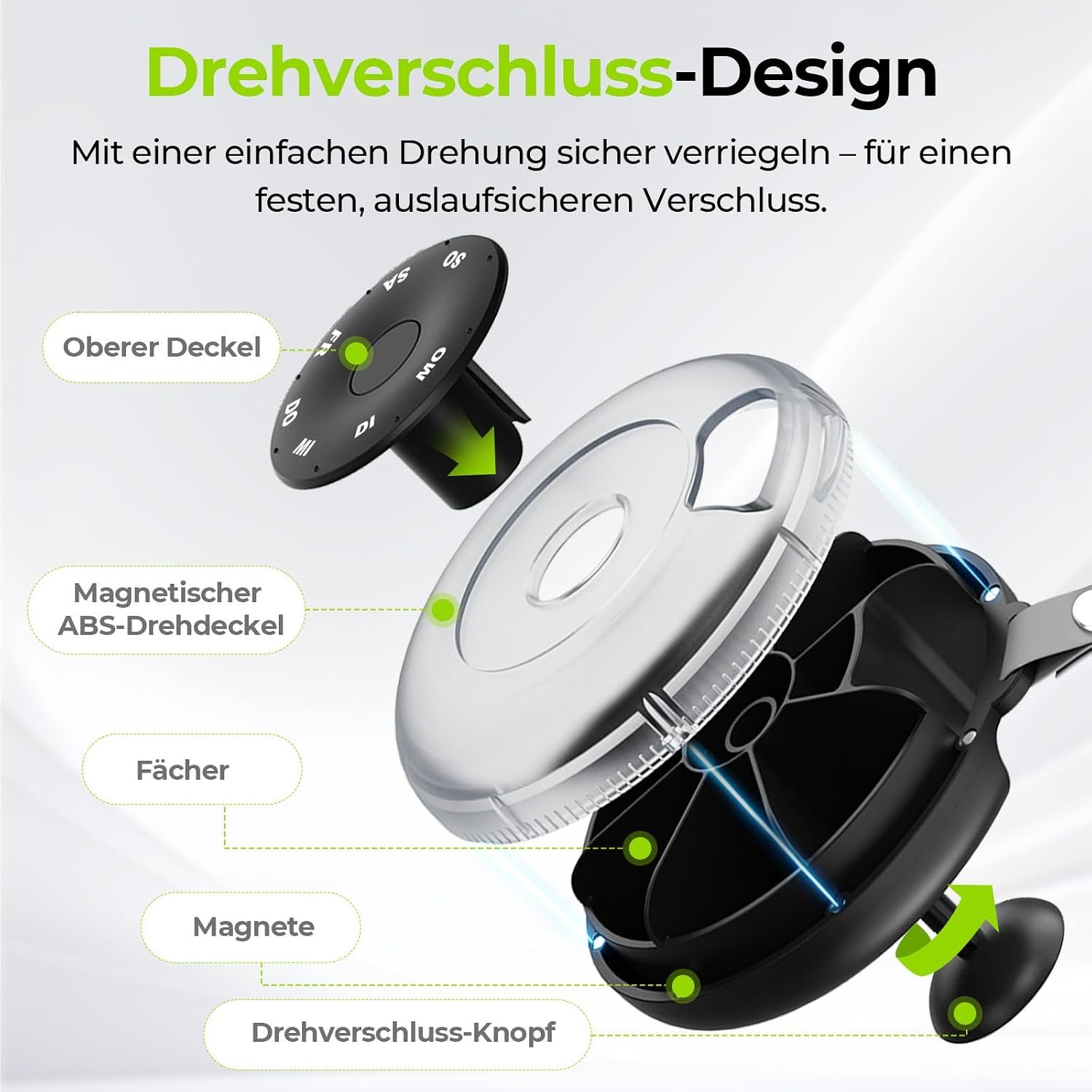 Runde Pillendose mit 7 Fächern und drehbarem Deckel.