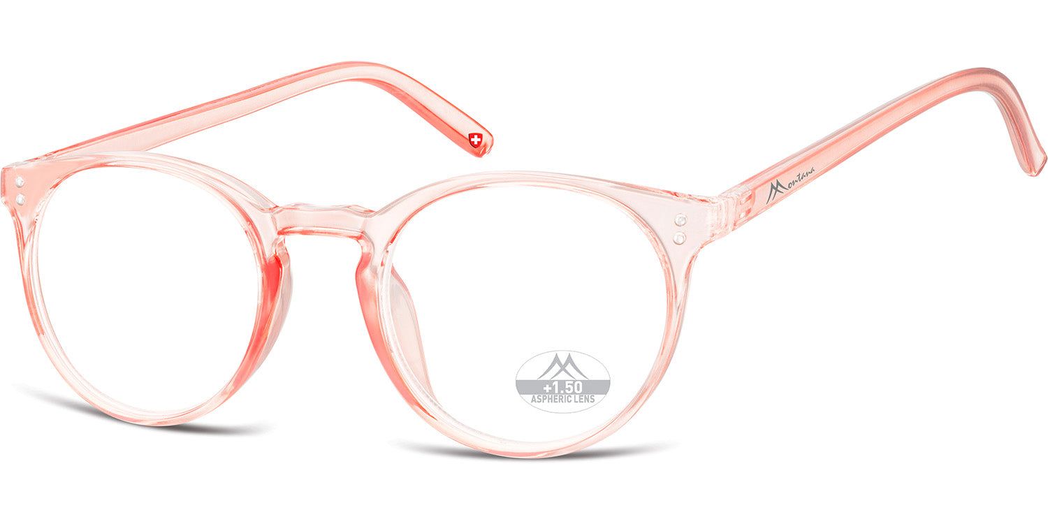 Runde, rosafarbene Brille. Montana Eyewear Logo am Bügel. Auf den Gläsern ist eine Kennzeichnung.