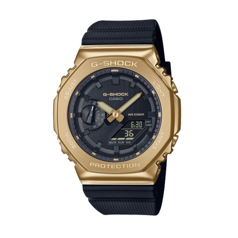 Goldfarbene Casio G-Shock Uhr mit schwarzem Zifferblatt und Armband. Digitalanzeige mit Uhrzeit. Schwarzes Armband.