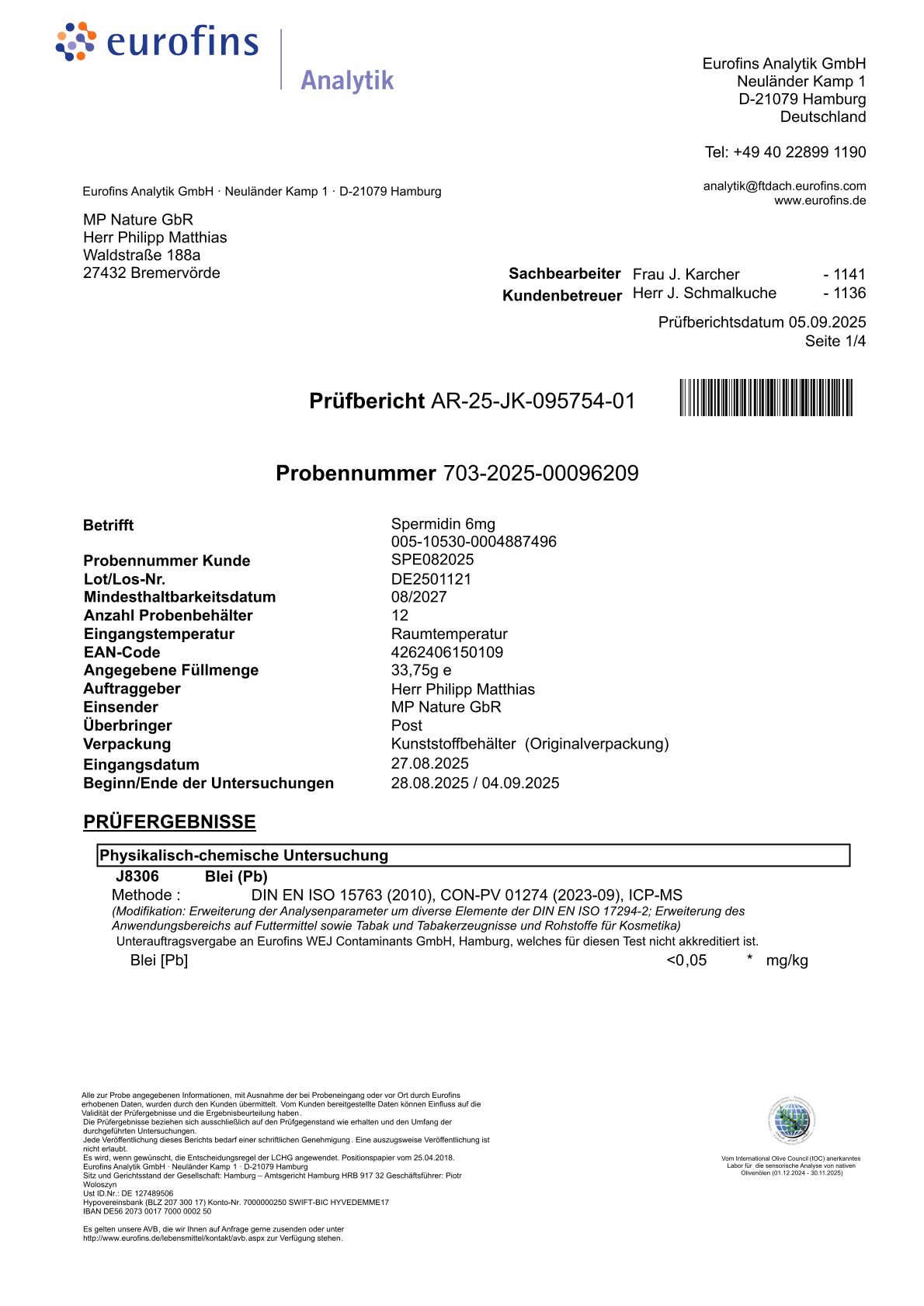 Analysenzertifikat von Eurofins. Angaben zu Probenummer, Hersteller, und Testergebnissen. Seite 1/4.