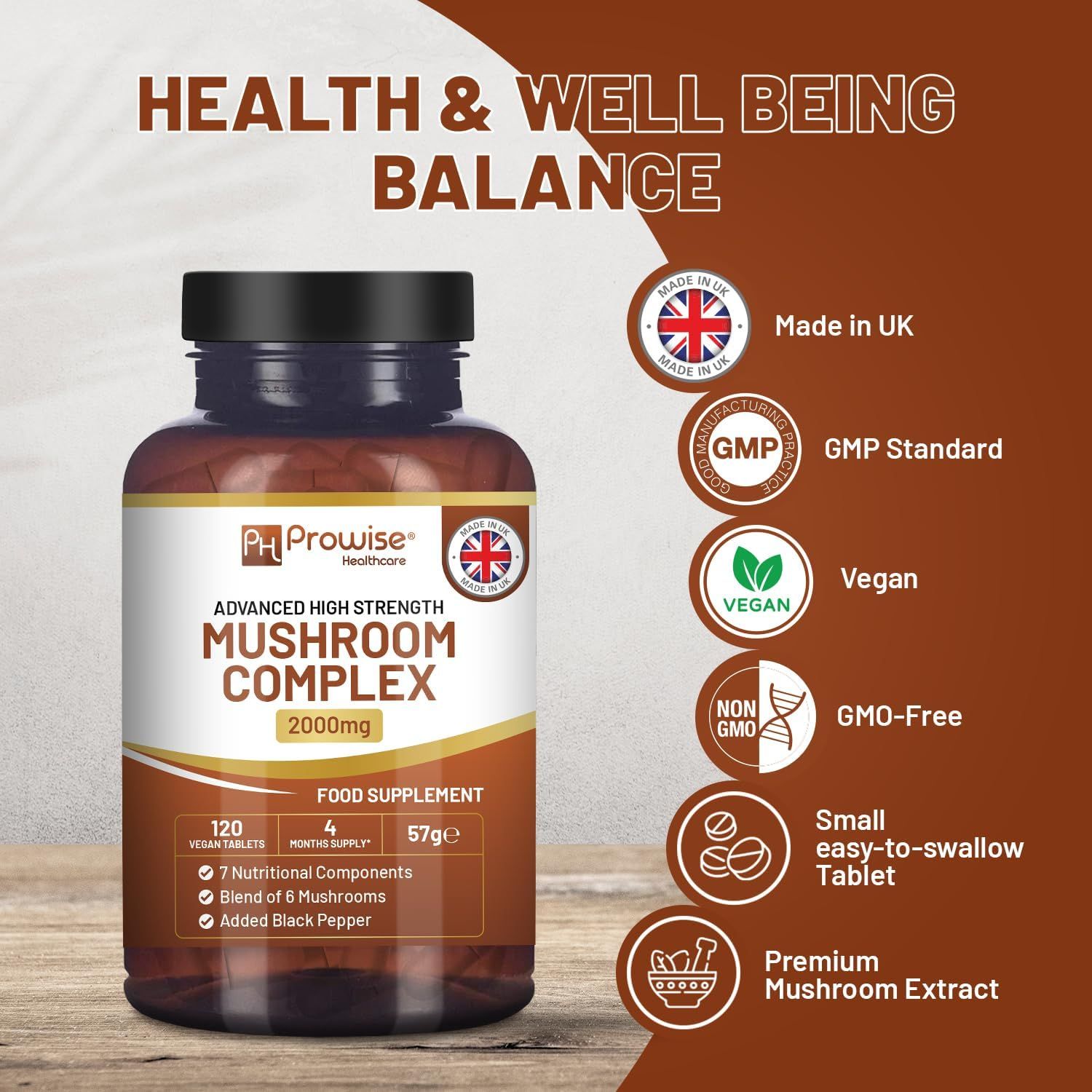 Braune Flasche mit Prowise Healthcare Mushroom Complex. Enthält 120 Tabletten, 4 Monate Vorrat, 57g. Vegan, GMO-frei, hergestellt in UK.