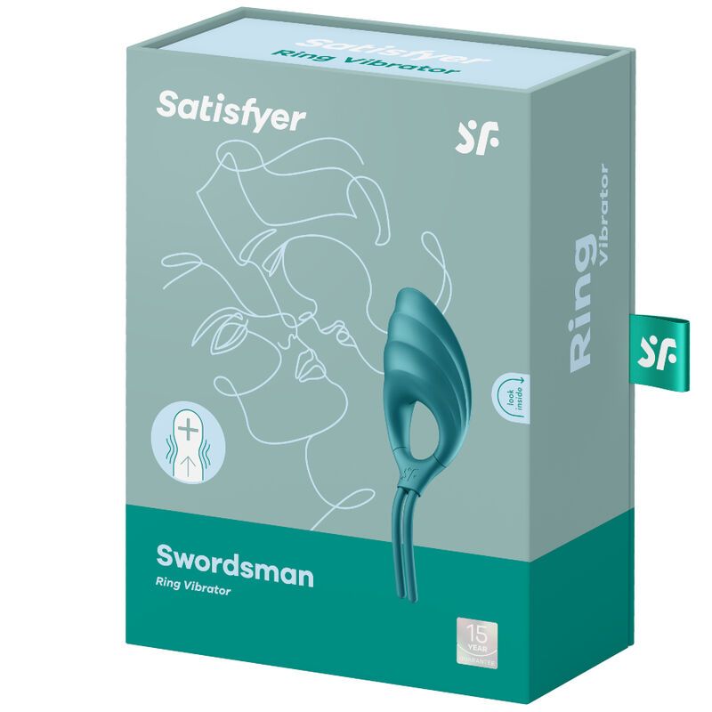 Verpackung von Satisfyer Ring Vibrator. Türkisgrün. Produktname: Swordsman. Logo, Illustration, Text und Zertifizierungen.