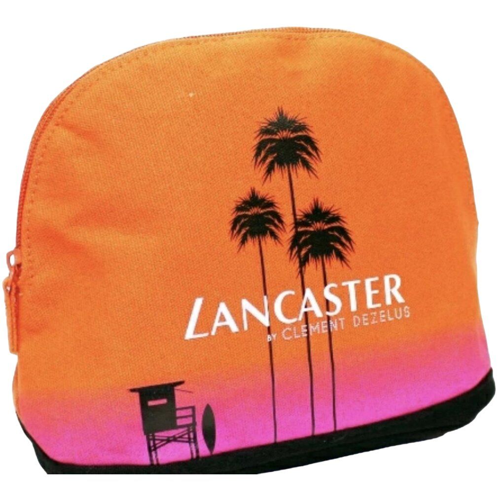 Kosmetiktasche mit Palmenmotiv und Schriftzug Lancaster. Orange-rosa Farbverlauf, schwarzer Reißverschluss und Boden.