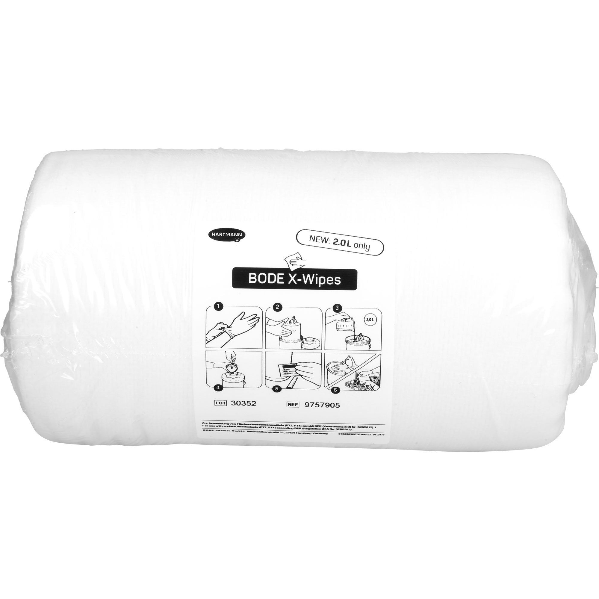 Rolle Bode X-Wipes Vlies, weiß, in Folie verpackt. Aufkleber mit Produktname, Piktogrammen und Logo.