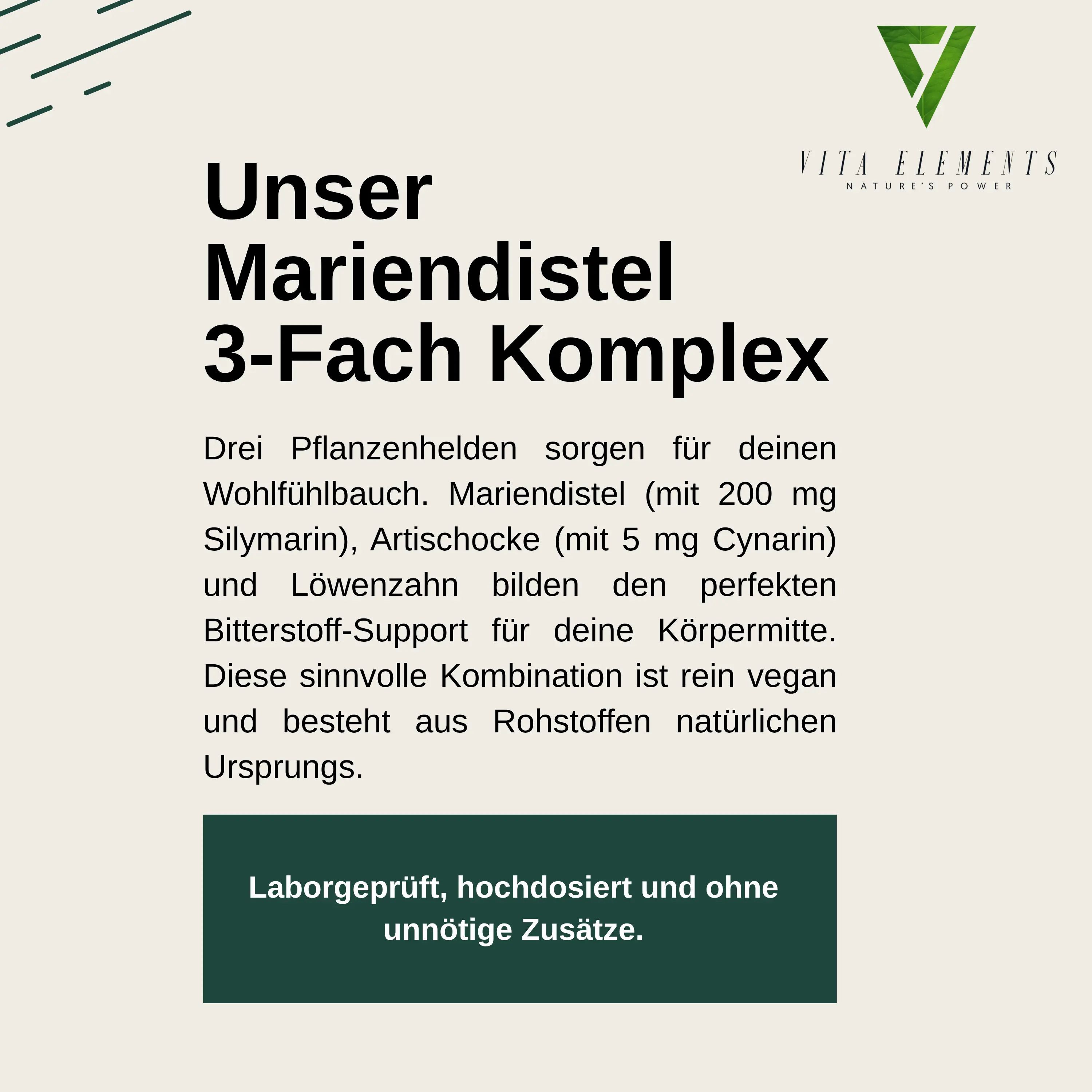 Text über Mariendistel 3-Fach Komplex von Vita Elements. Laborgeprüft, hochdosiert.