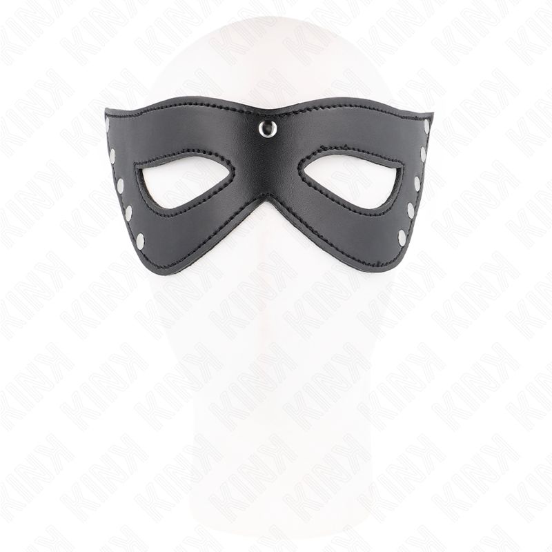 Schwarze Augenmaske mit Nieten. Auf einem weißen Kopf platziert. Blick von vorne.