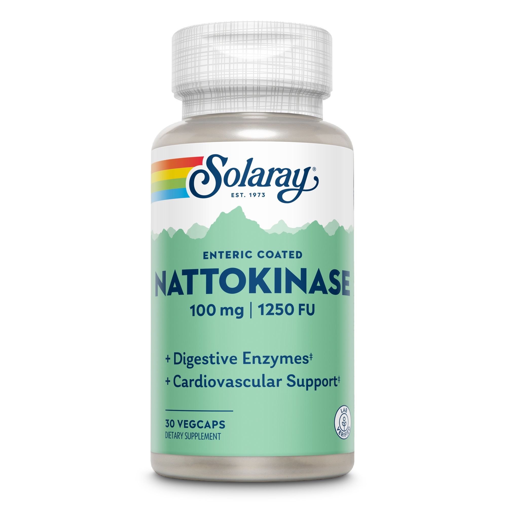 Solaray Nattokinase-Kapseln, 100 mg, 1250 FU, 30 Vegicaps. Aufschrift: Digestive Enzymes, Cardiovascular Support. Weiße Kappe, grüne Beschriftung.