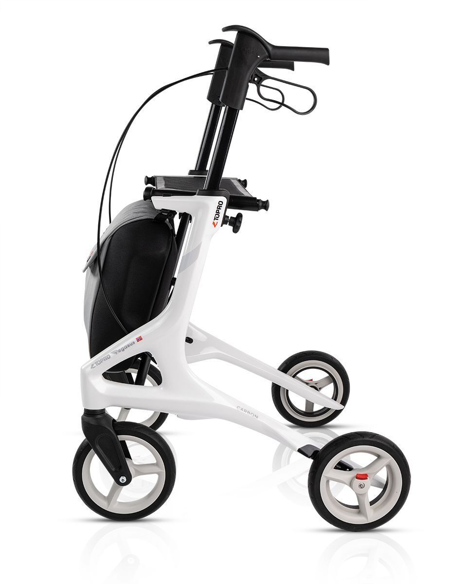Seitenansicht des TOPRO Pegasus Carbon Rollators. Weißes Gestell, schwarze Details, graue Tasche. Vier Räder.
