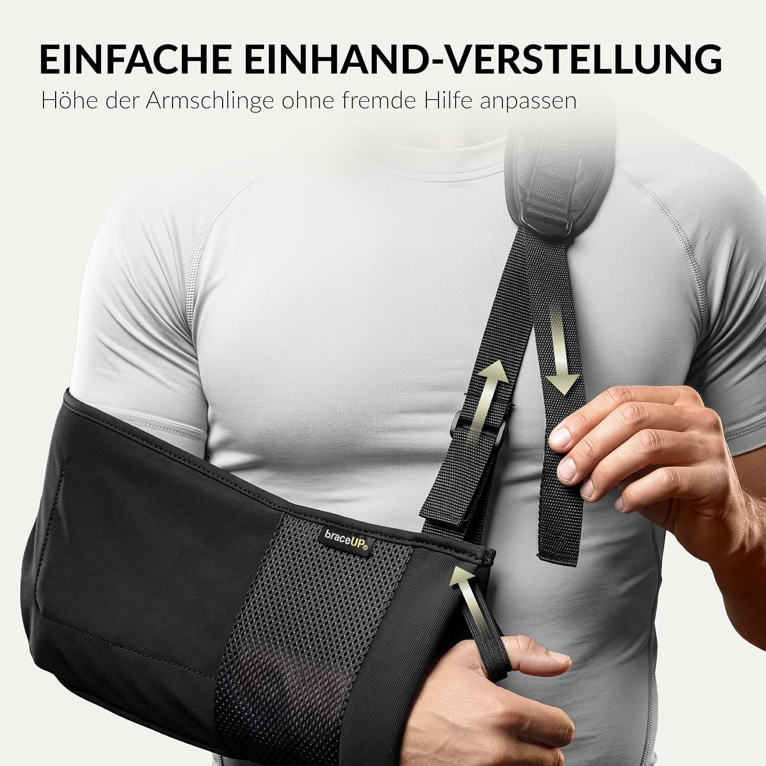Schultergurt mit einfacher Einhand-Verstellung der Armschlinge. Marke: BraceUP.