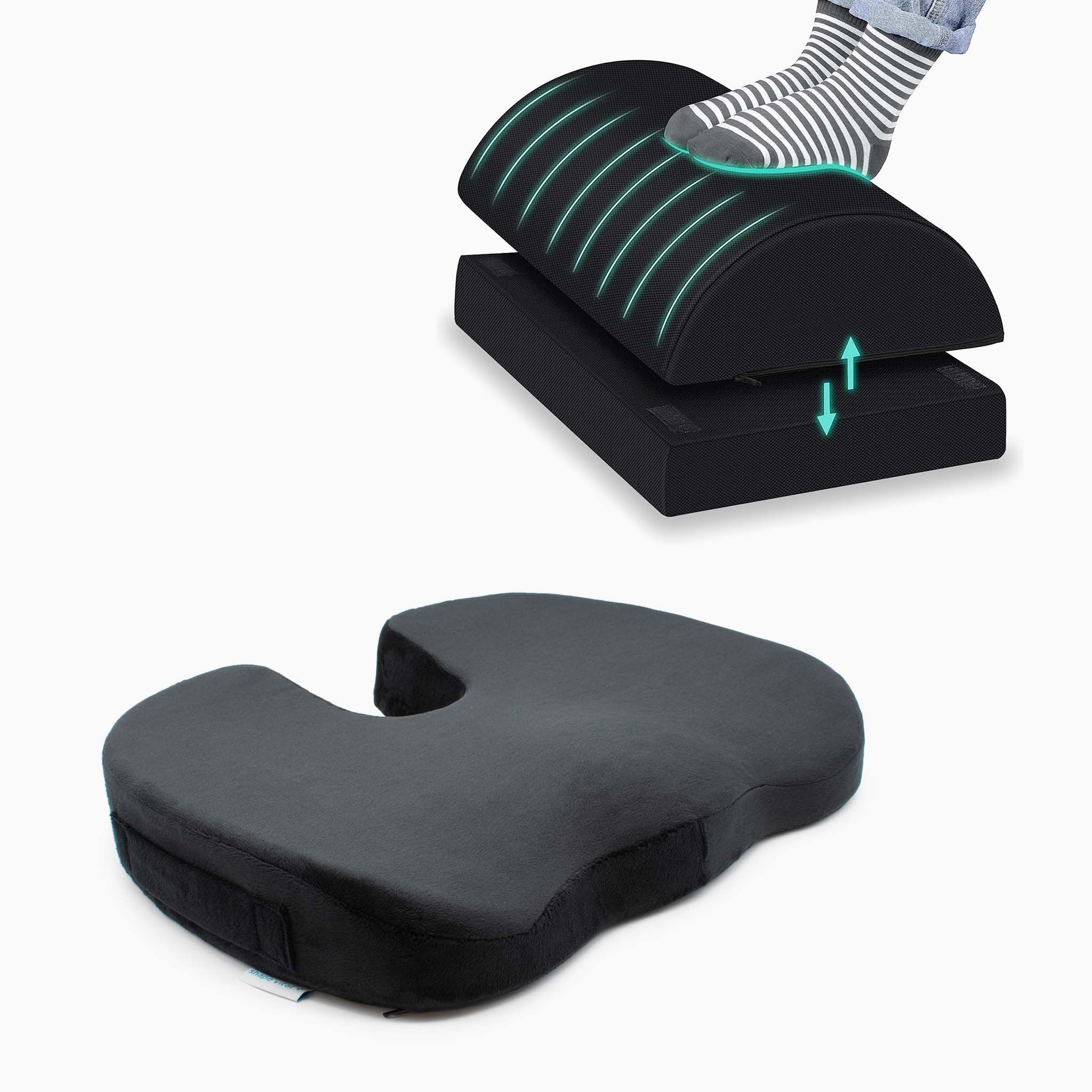 Ergonomisches Sitzkissen und verstellbare Fußstütze aus Memory-Schaum.