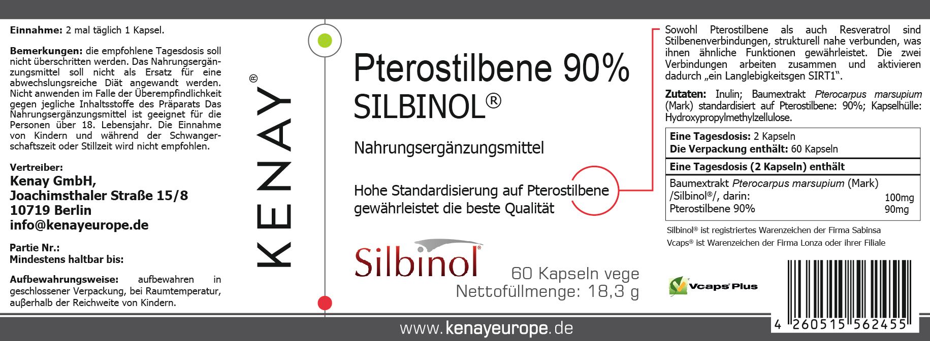Etikett mit Produktinformationen: Pterostilbene 90% SILBINOL®, KENAY®. 60 Kapseln. Nahrungsergänzungsmittel. Inhaltsstoffe, Dosierung, Herstelleradresse.