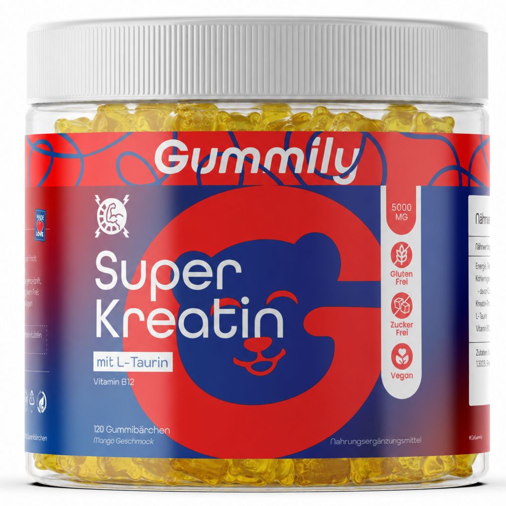 Gummily Super Kreatin Gummibärchen in einem transparenten Behälter mit rotem Etikett.