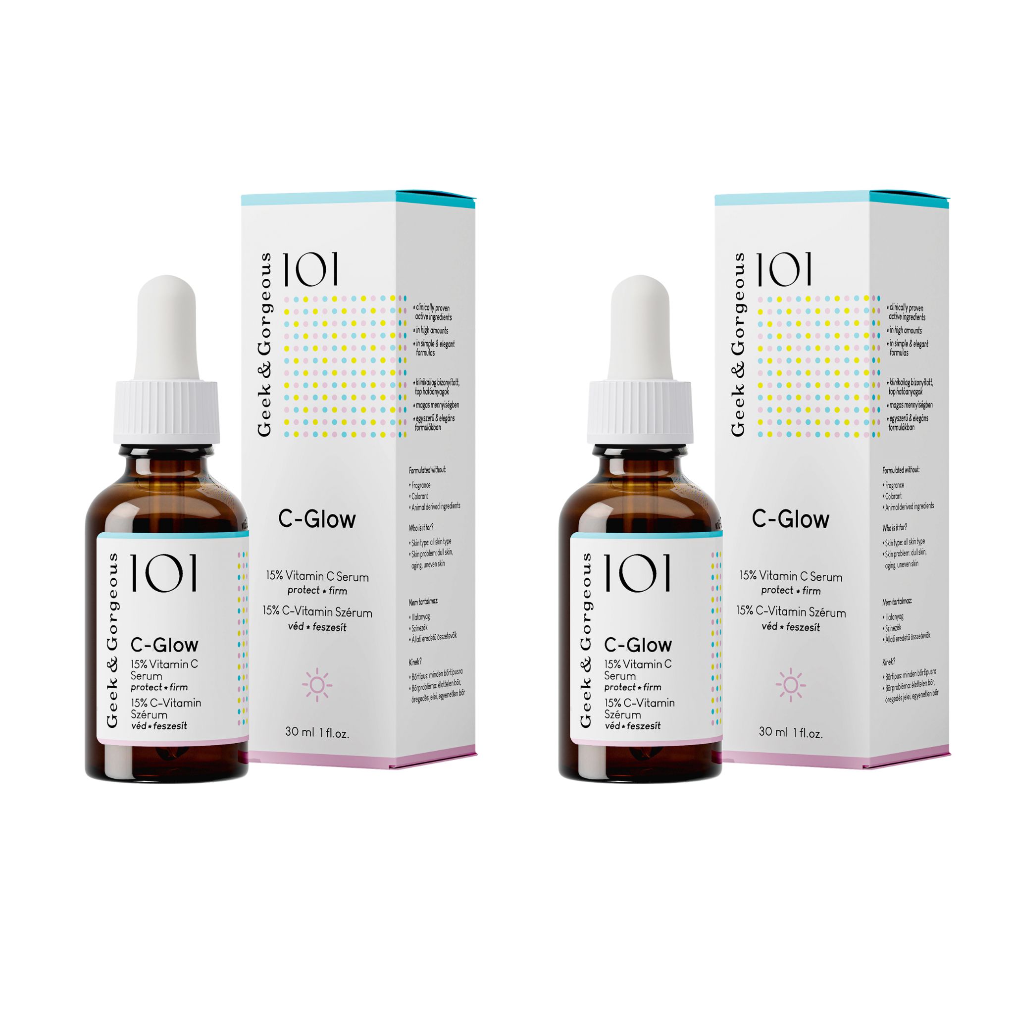 Zwei Flaschen mit Verpackung. Auf den Etiketten steht "C-Glow" und "15% Vitamin C Serum".