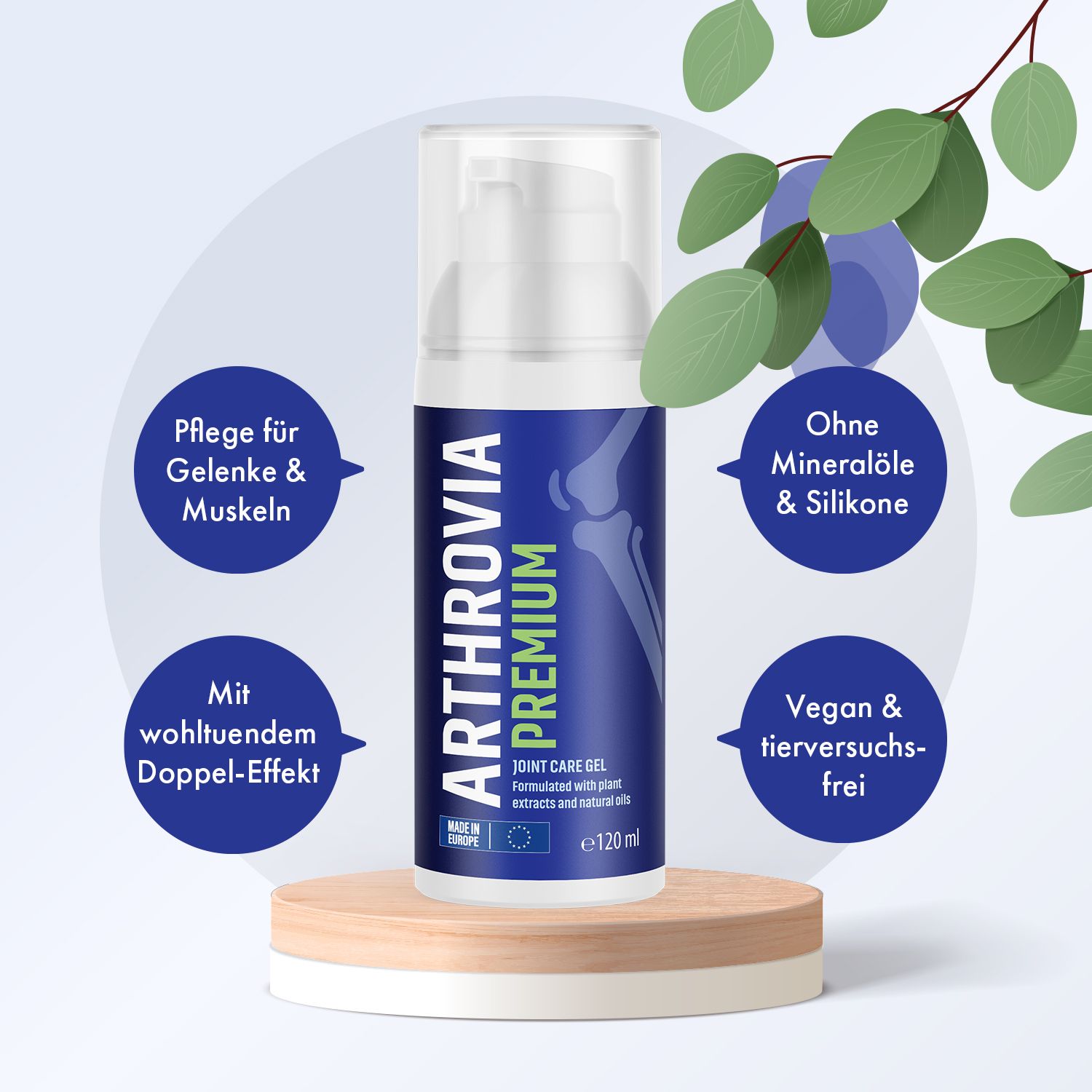 Arthrovia Premium Joint Care Gel. Blaue Flasche auf Holzsockel. Text: Pflege für Gelenke & Muskeln, ohne Mineralöle & Silikone.
