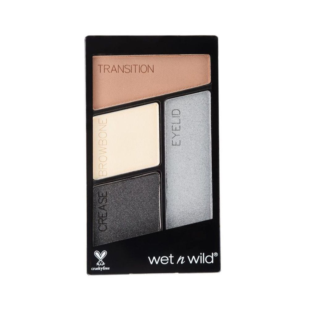 Lidschatten-Quad von Wet n Wild. Vier Farben: Beige, Weiß, Grau und Silber. Text: 'Transition', 'Browbone', 'Crease', 'Eyelid'.