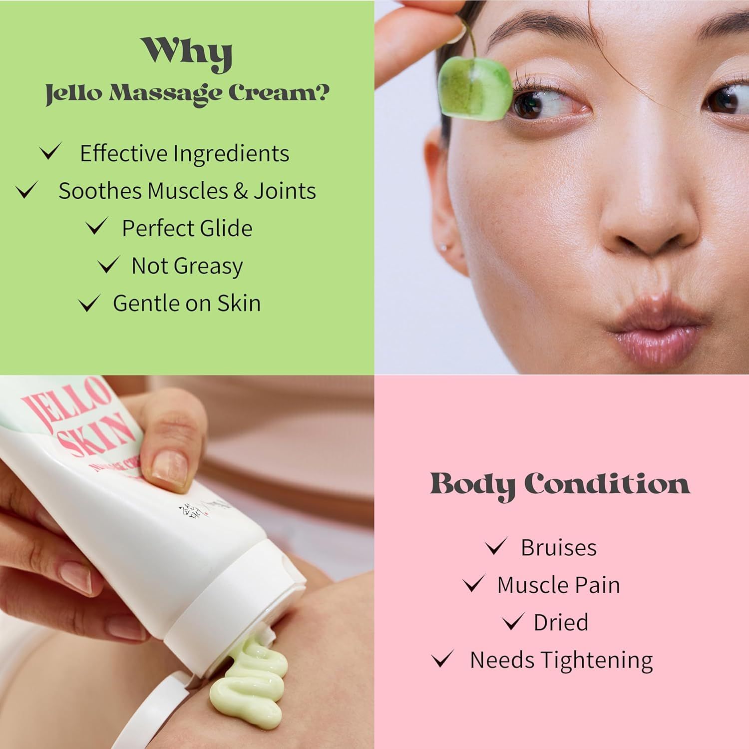 Text- und Bildtafel. Text: Warum Jello Massage Cream? Effektive Inhaltsstoffe, beruhigt Muskeln & Gelenke. Körperzustand: Prellungen, Schmerzen.