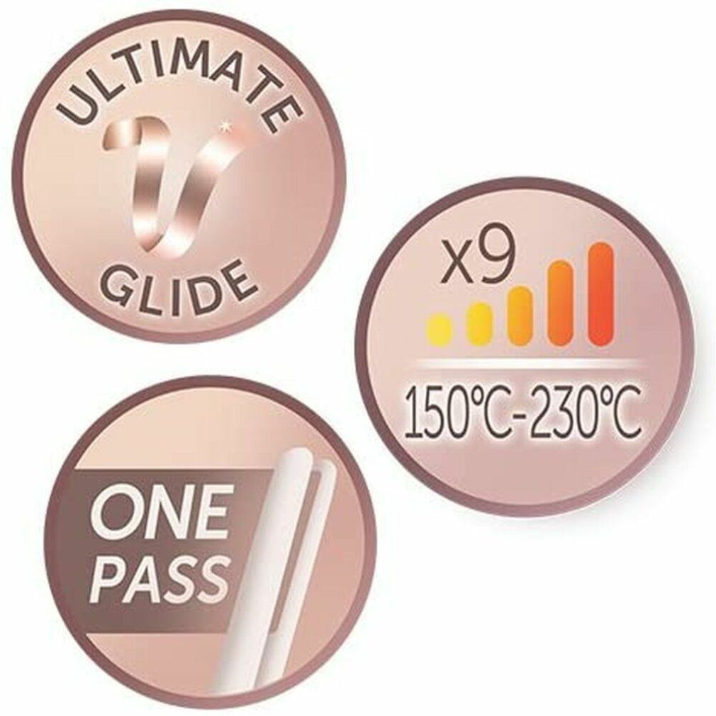 Kreisförmige Logos. Aufschrift: Ultimate Glide, One Pass, 150°C-230°C.