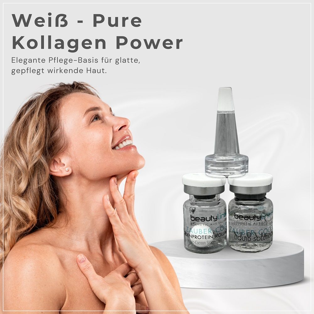 Frau mit Produkt. Zwei Flaschen, ein Trichter. Text: 'Weiß - Pure Kollagen Power'.