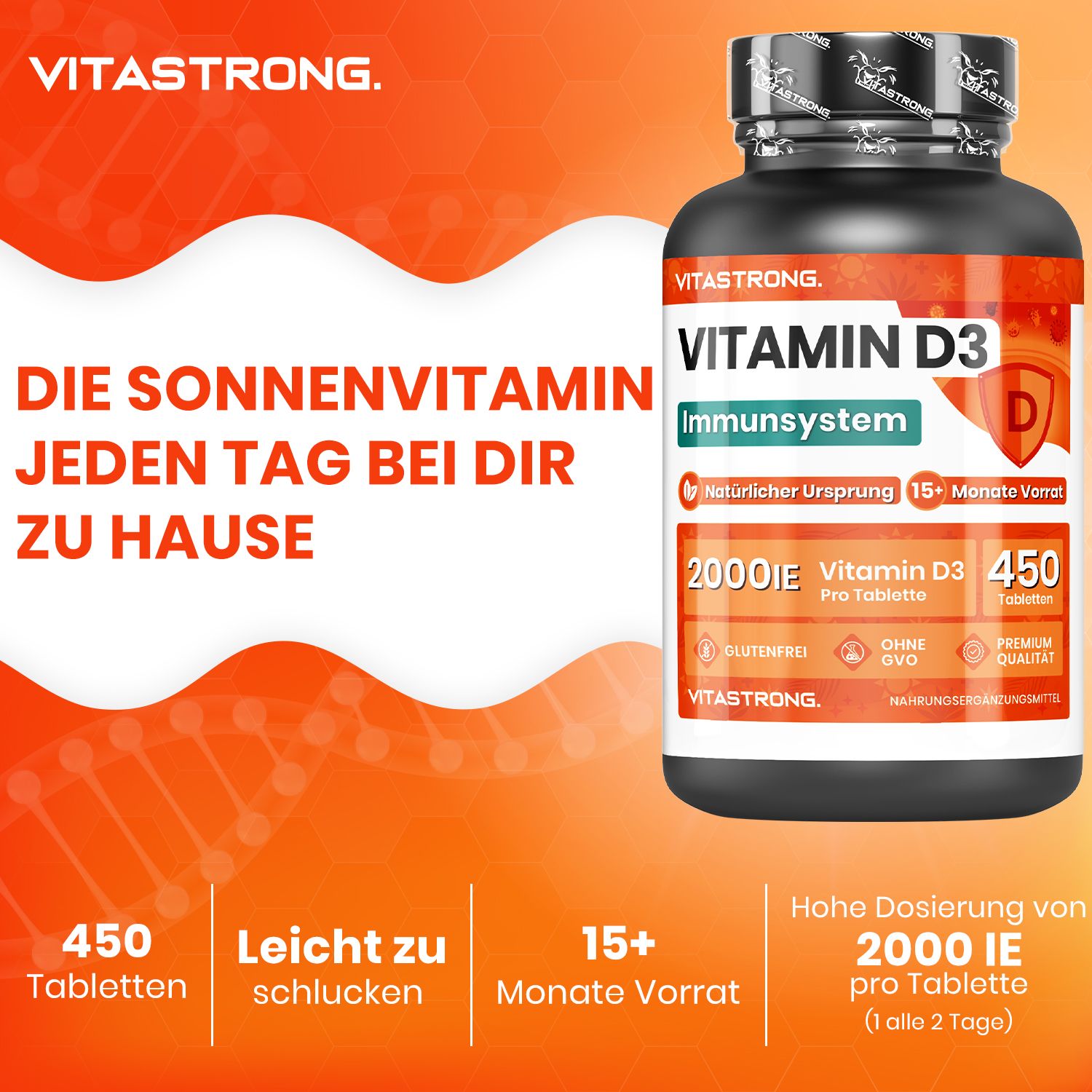 Vitamin D3-Flasche und Text auf orangefarbenem Hintergrund. 450 Tabletten, leicht zu schlucken, 15+ Monate Vorrat.