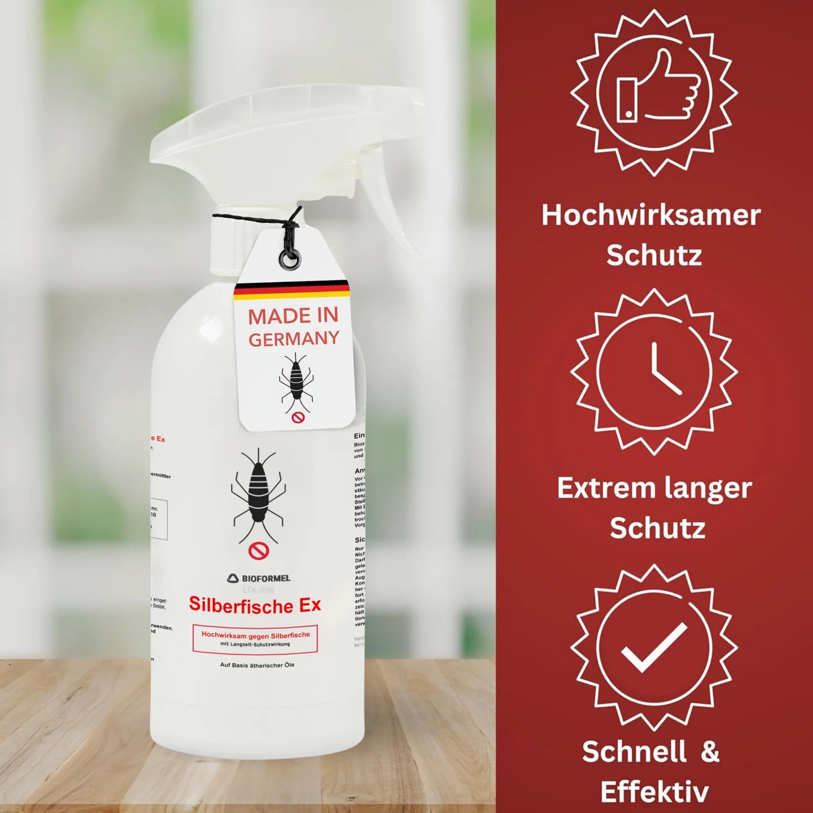 Weiße Sprühflasche mit Etikett 'Made in Germany'. Text: 'Silberfische Ex'. Icons für Schutz.