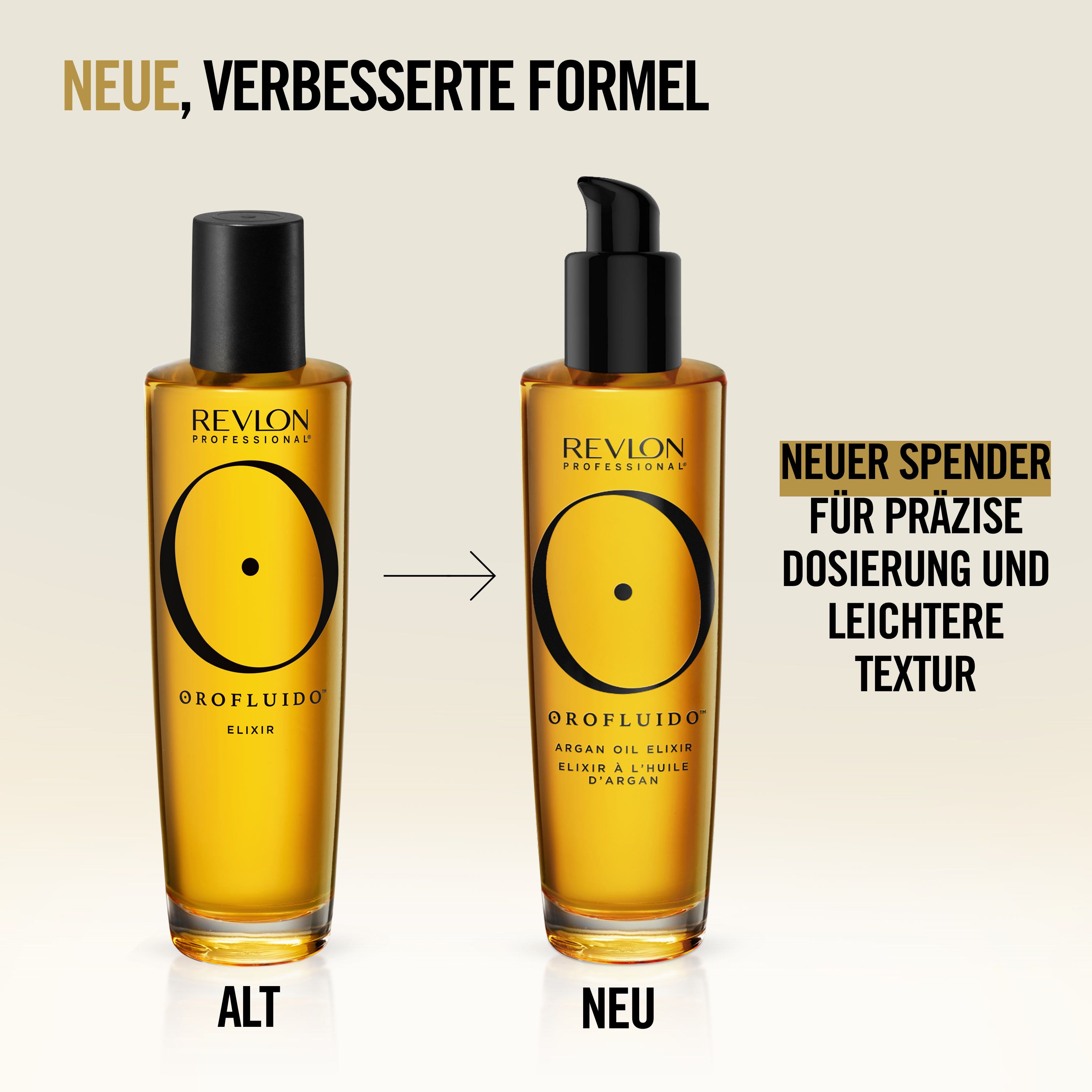 Vergleich von altem und neuem Revlon Orofluido Elixir Flaschendesign.