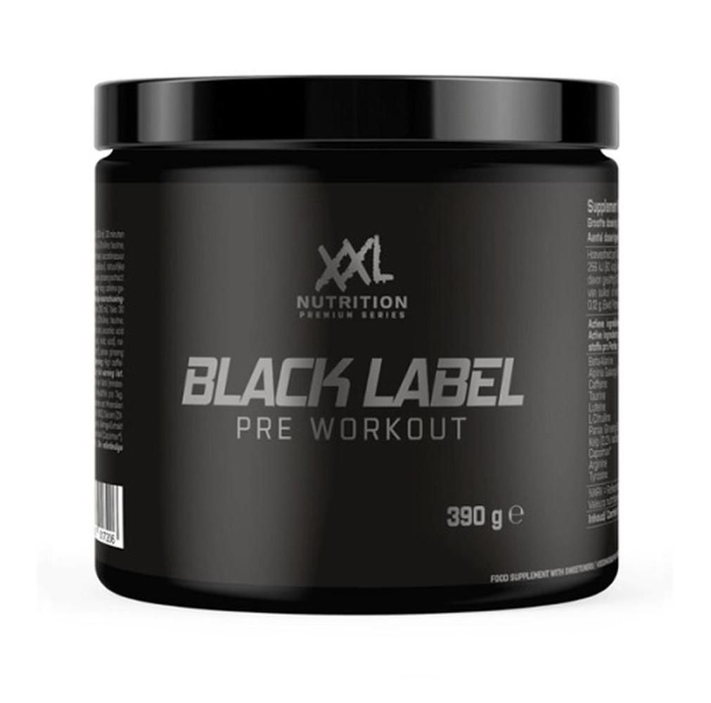 Schwarzes Supplement-Behälter mit "XXL Nutrition Black Label Pre Workout"-Aufdruck. 390g-Angabe.